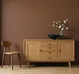A wooden cabinet with a black bowl and a vase with flowers on top, a chair on the left , brown wall and wooden floor