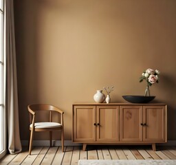 A wooden cabinet with a black bowl and a vase with flowers on top, a chair on the left , brown wall and wooden floor