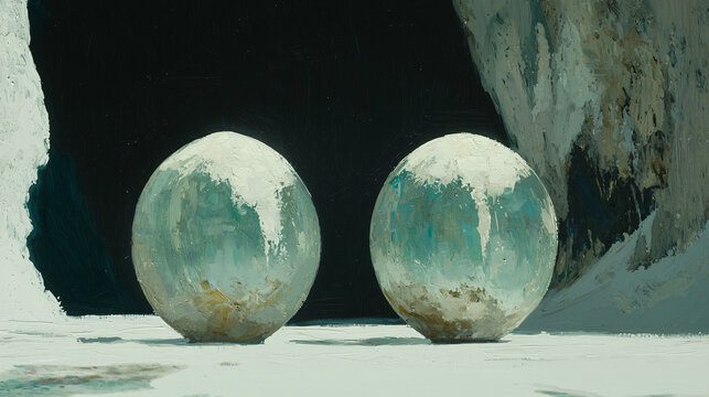 Two fresh eggs artistically placed on a table surrounded by cosmic elements, evoking a sense of ethereal illumination and unique design in space.