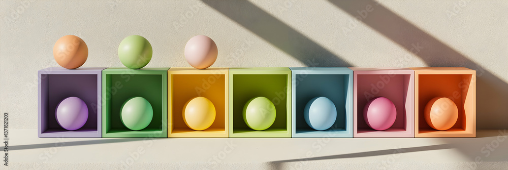 Fototapete pastel colored balls in colorful cubes on a textured background