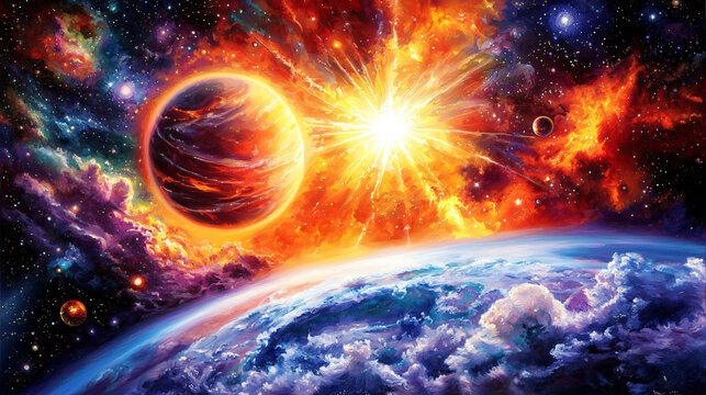 A striking planet with a bright star in the background, creating an ethereal illumination effect in the cosmic environment of outer space.