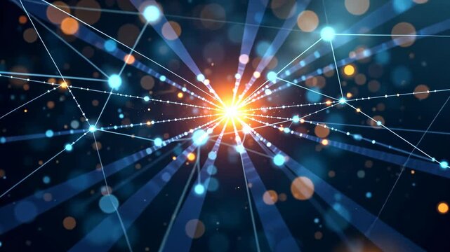 radiant central node connected by network lines to surrounding nodes, representing advanced connectivity and data transfer, internet infrastructure, lines from center, zoom out