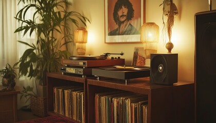 Vintage Record Player Setup With Vinyl Collection And Lamps