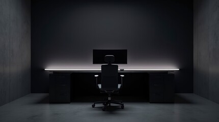 Fototapeta premium Sleek desk featuring a monitor on it, ideal for modern minimalist home office setup and efficient working environment