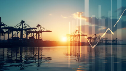 Obraz premium Photo Realistic Double Exposure: Silhouette of a Cargo Terminal with Profit Analysis Chart for Profit Management and Supply Chain Finance - Ample Copy Space