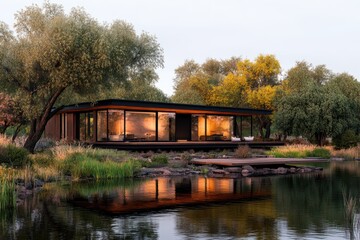 Obraz premium Lakeside home featuring large windows, tranquil reflections, and surrounding nature in a contemporary design