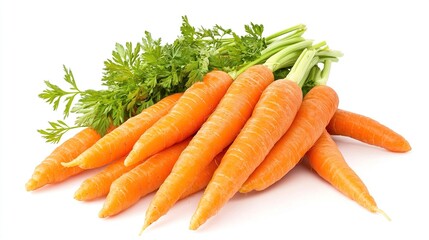 Fresh orange carrots with green tops isolated on white.