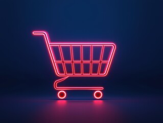 Glowing neon shopping cart icon on dark blue background, symbolizing online shopping