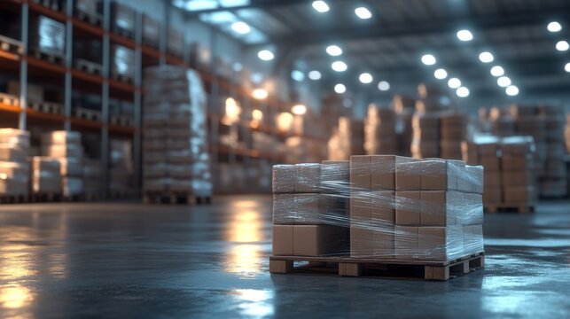 In the warehouse, a common industrial scene emerges, with pallets fastened with stretch wrap, awaiting transportation, and rows of merchandise receding into the distance