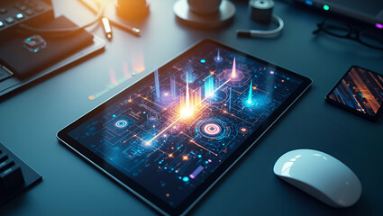 Fototapeta premium Photo Realistic Top View of a Digital Design Workspace: Graphic Tablet and Mouse in Double Exposure with Copy Space for Creative Projects