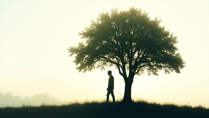 A photo-realistic double exposure of a silhouette person and tree canopy symbolizes forest preservation and harmony, with ample copy space.