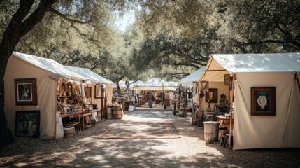 Fototapeta premium A vintage-themed fair showcasing handmade crafts, including quilts, pottery, and vintage clothing, is set up in a circular formation around a central antique display