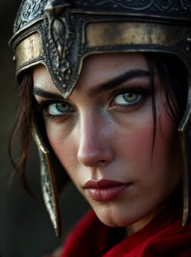 bella mujer guerrera con casco medieval dorado y negro, detalles ornamentales, ojos verdes intensos, manto marr&oacute;n y fondo oscuro. Iluminaci&oacute;n dram&aacute;tica que resalta su expresi&oacute;n decidida