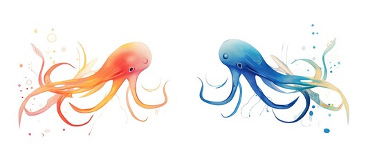 Obraz premium White background with drawings of colorful squid for children, ai generative