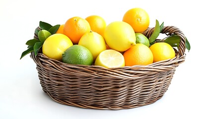 A basket of ripe citrus and sweet fruits, including orange, lemon, and green apples, isolated for a healthy diet