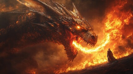 Epic battle between colossal dragon and heroic knight at night with fire breath and dramatic lighting
