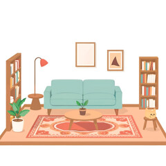 A bright minimalist living room with white walls, wooden furniture, and natural light, creating a warm and inviting atmosphere. Generative AI