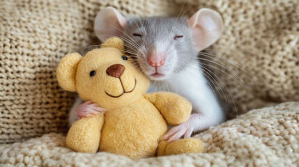 Cute Dumbo Rat Holding a Stuffed Teddy Bear
