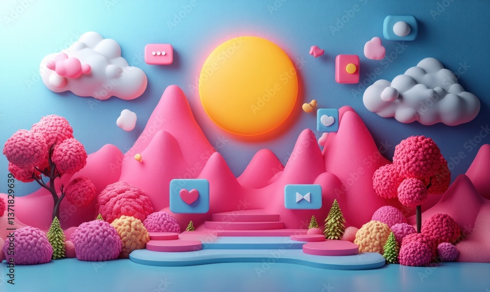 Poster 3d render of social media icons like buttons chat message bubbles on pink background