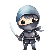  ninja with sword cute watercolors illustration on white background