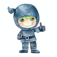 ninja with thumbs up cute watercolors illustration on white background