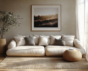 Scandinavian living room mock up poster frame in modern interior 3D render illustration