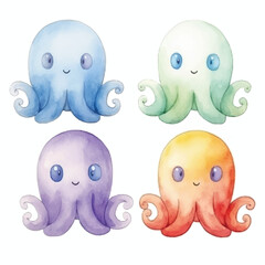 octopus cute watercolors illustration on white background