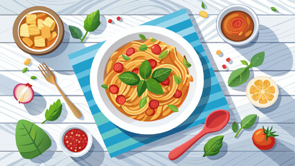 Pasta in a white bowl on a white wooden table from above