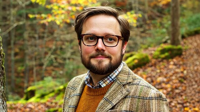 Man with glasses and beard poses outdoors during the autumn season