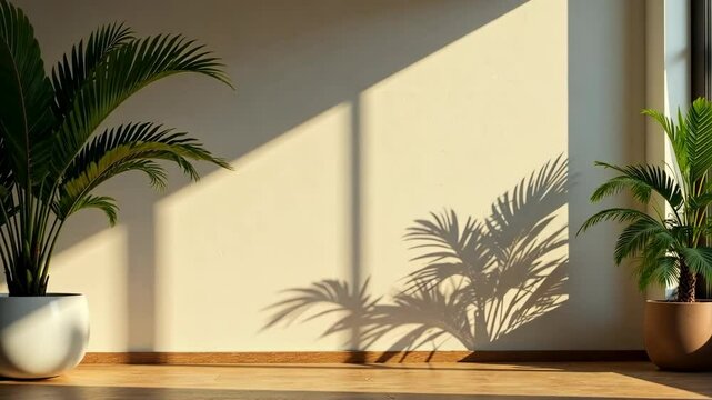 minimalist living space with palm plants, casting soft shadows on a clean wall, concept of interior design and home decor