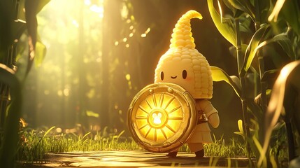 Cute corn character guarding a glowing shield in a sunlit forest.