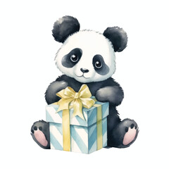panda holding gift box  cute watercolors illustration on white background