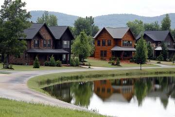 Obraz premium Luxury homes with lake, and mountain view.