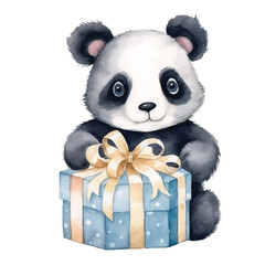 panda holding gift box  cute watercolors illustration on white background