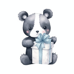 panda holding gift box  cute watercolors illustration on white background
