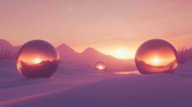 Two glimmering spheres resting in an expansive desert landscape under the clear blue sky evoking a sense of solitude and wonder.