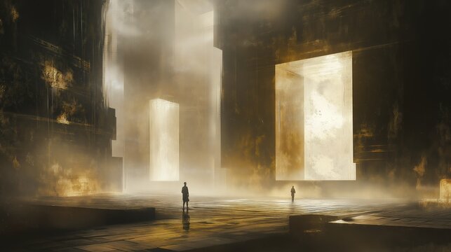 API Agents Concepts. Surreal landscape with towering structures and distant figures.