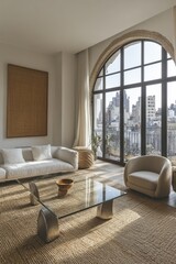 Fototapeta premium Modern living room interior design featuring a large arched window with city views, a minimalist white sofa, and a glass coffee table.