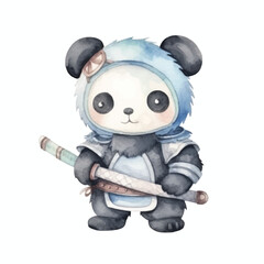 panda samurai with katana sword cute watercolors illustration on white background