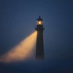 A lighthouse is lit up in the dark, foggy night