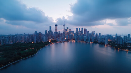 Obraz premium stunning aerial view of city skyline dusk, showcasing modern architecture and serene waterfront