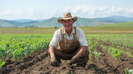 farmer working diligently in lush field, showcasing regenerative agriculture practices