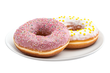 Two doughnuts, one with pink glaze and sprinkles on top, the other is white and has yellow dots on it, placed in front of each other on a transparent background