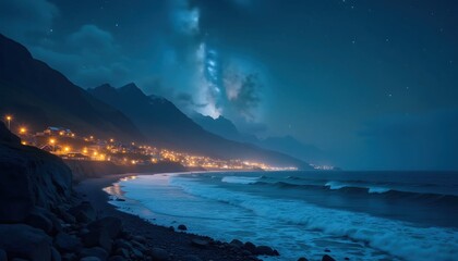 A view of the aurora borealis over a beach at night