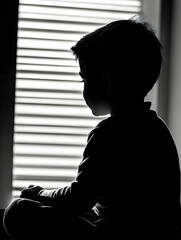 Silhouette of a Pensive Young Boy Sitting by a Window