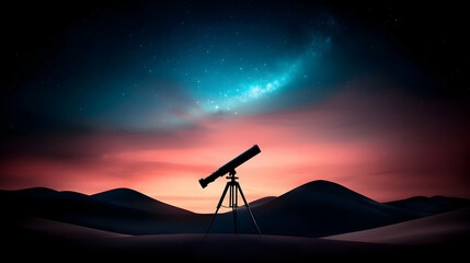 Silhouette of Telescope Against a Starry Night Sky Over Mountains