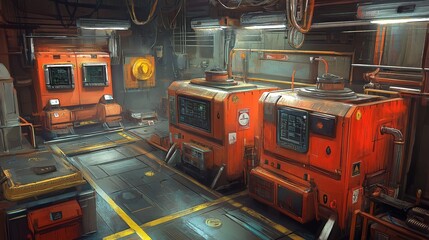 API Agents Concepts. Industrial workspace with machinery and vibrant colors.