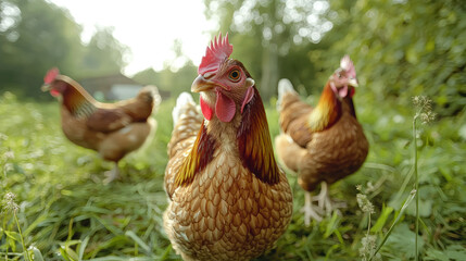 Fototapeta premium Closeup of Chickens in a Lush Green Field