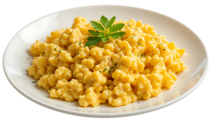 Scrambled eggs on white plate