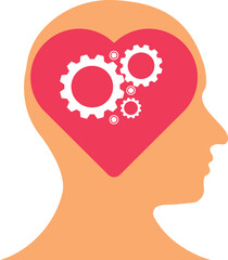 A silhouette of a head filled with pink big heart and gears, symbolizing the connection between emotions and intellect. Illustration, vector, cartoon